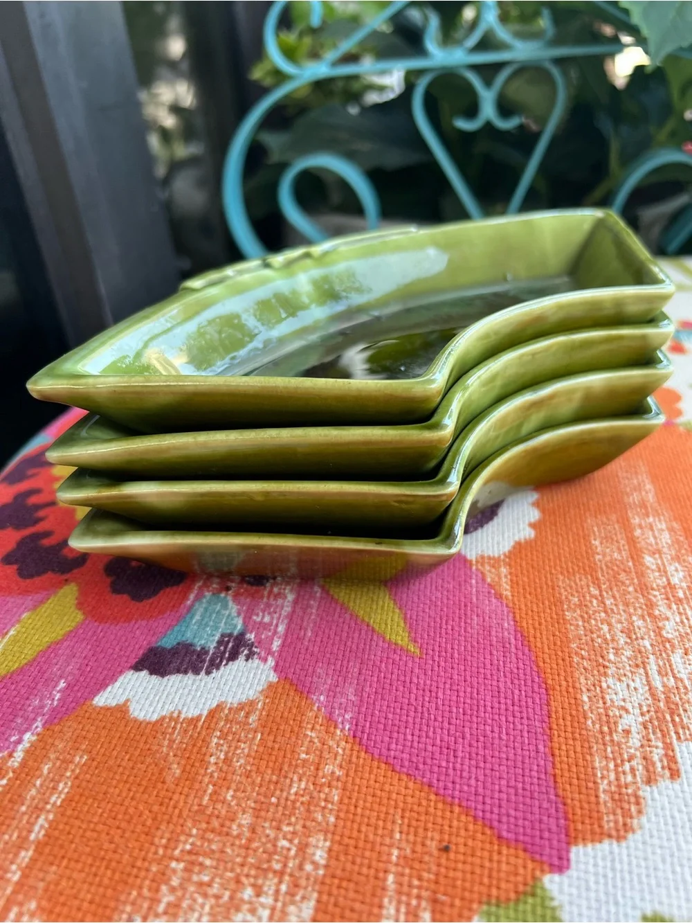 Vintage Wade California 504 Green Drip Glaze Bamboo Snack Serving Trays Set of 4